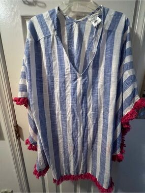 Mud Pie Blue and White Striped Tassel Poncho